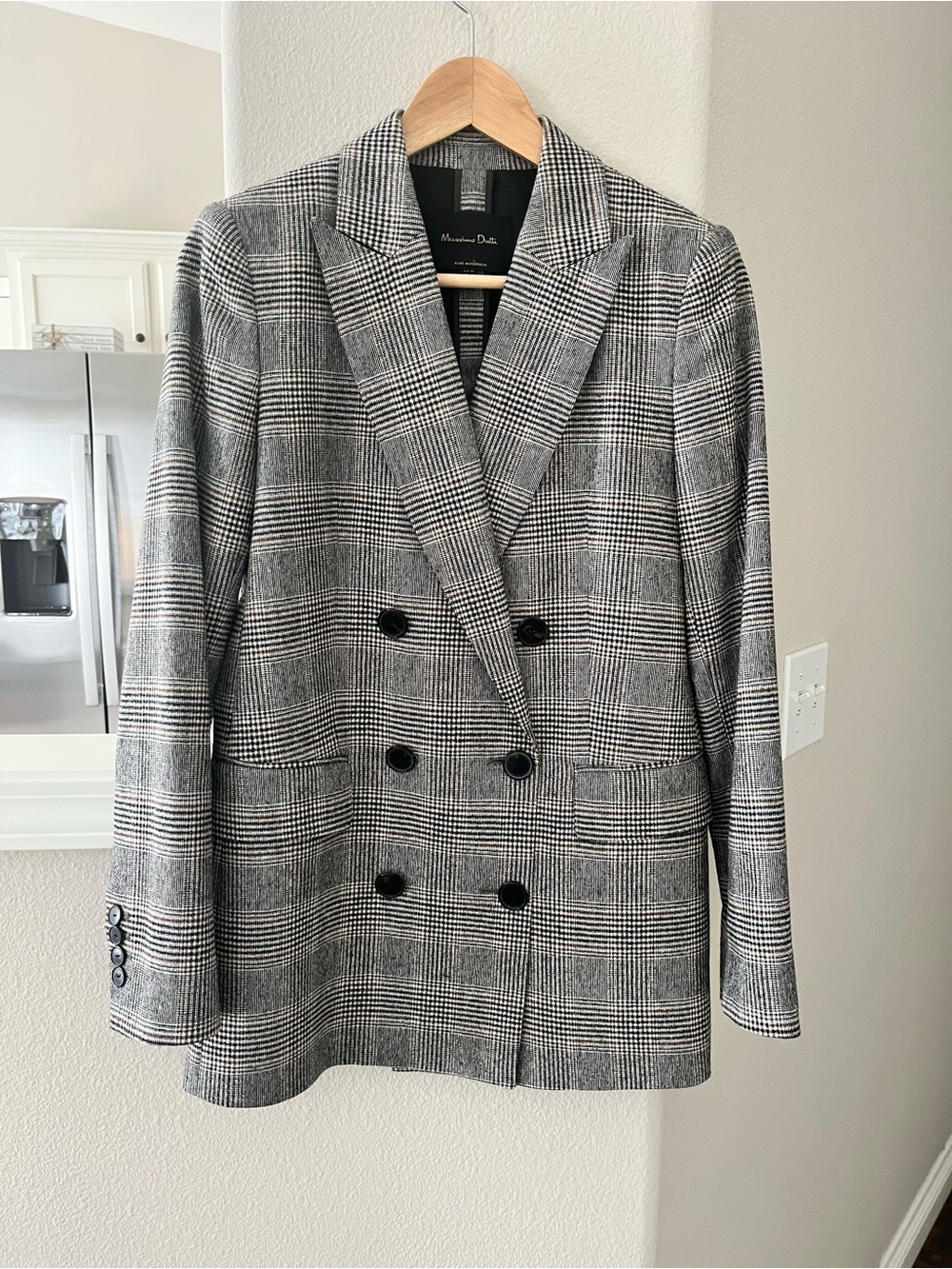 Massimo Dutti Gray and Black Glen Plaid Double-Breasted Blazer